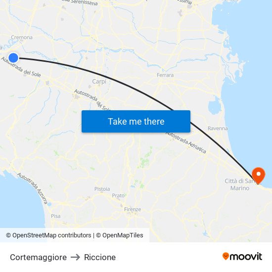 Cortemaggiore to Riccione map