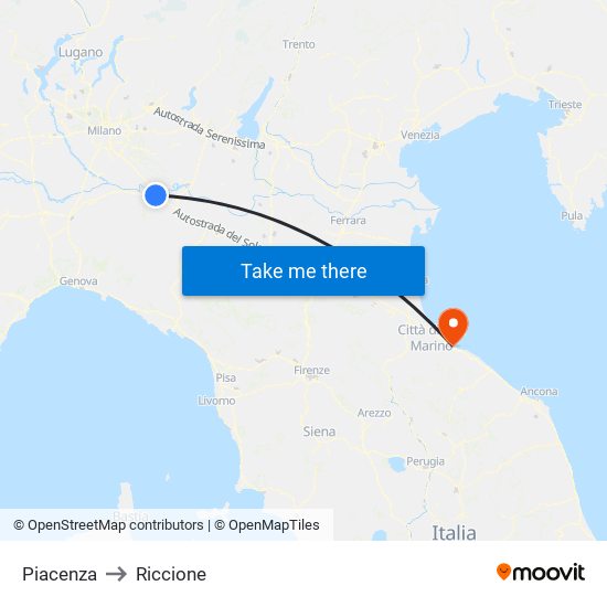 Piacenza to Riccione map