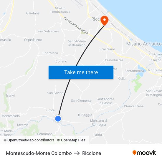 Montescudo-Monte Colombo to Riccione map