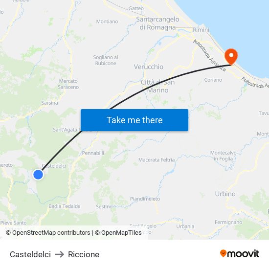 Casteldelci to Riccione map