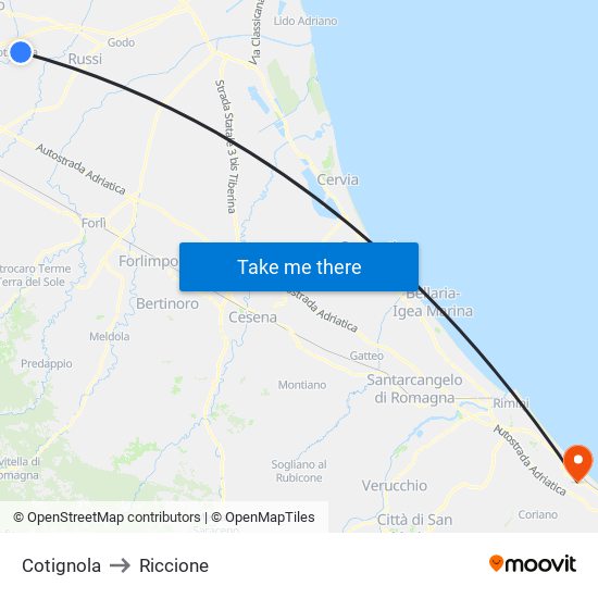 Cotignola to Riccione map