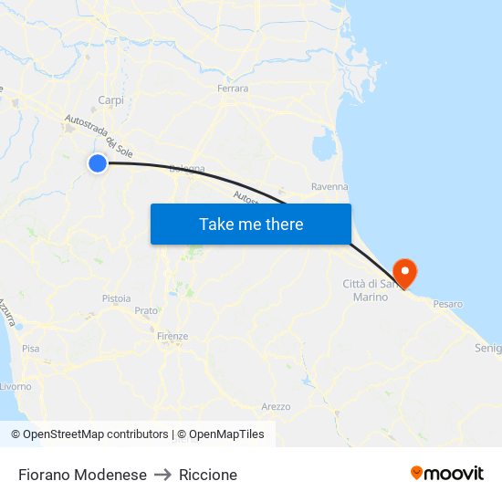 Fiorano Modenese to Riccione map