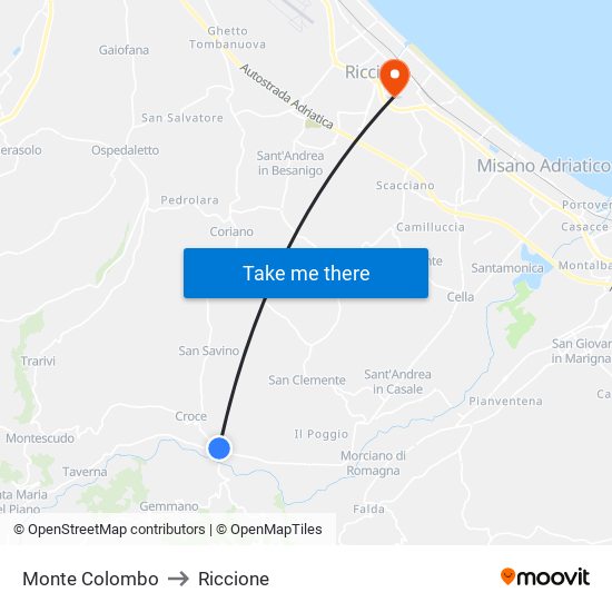 Monte Colombo to Riccione map