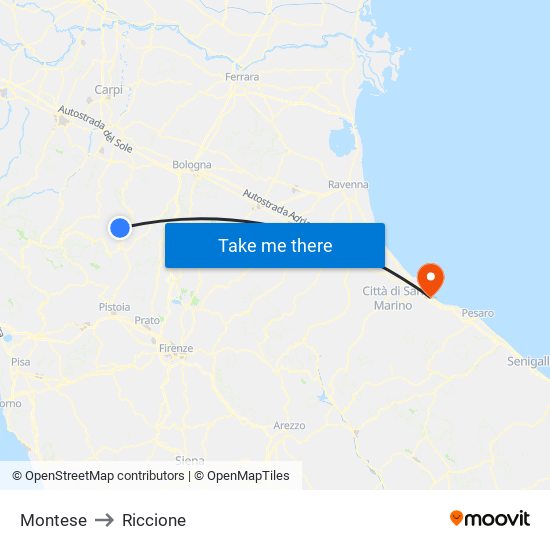Montese to Riccione map