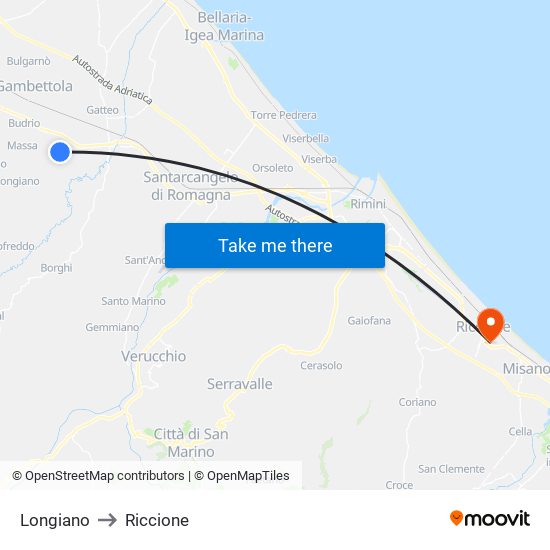 Longiano to Riccione map