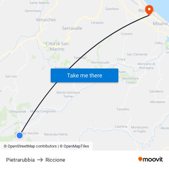 Pietrarubbia to Riccione map