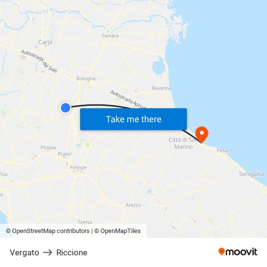 Vergato to Riccione map