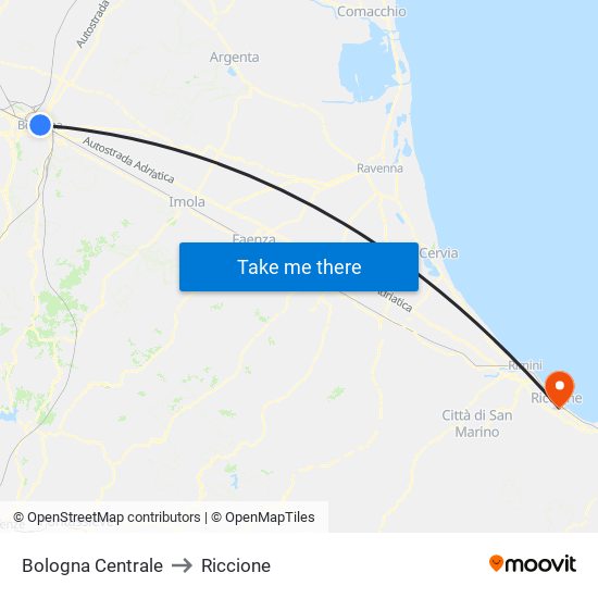 Bologna Centrale to Riccione map