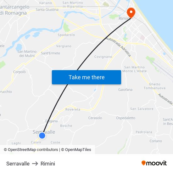 Serravalle to Rimini map