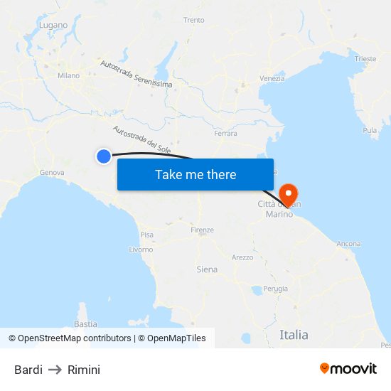 Bardi to Rimini map