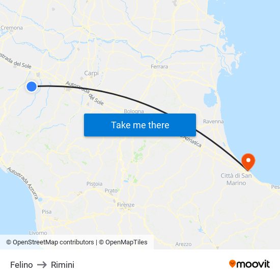 Felino to Rimini map