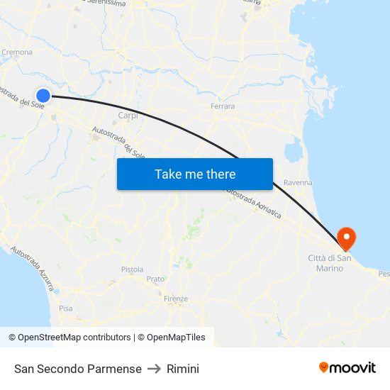 San Secondo Parmense to Rimini map