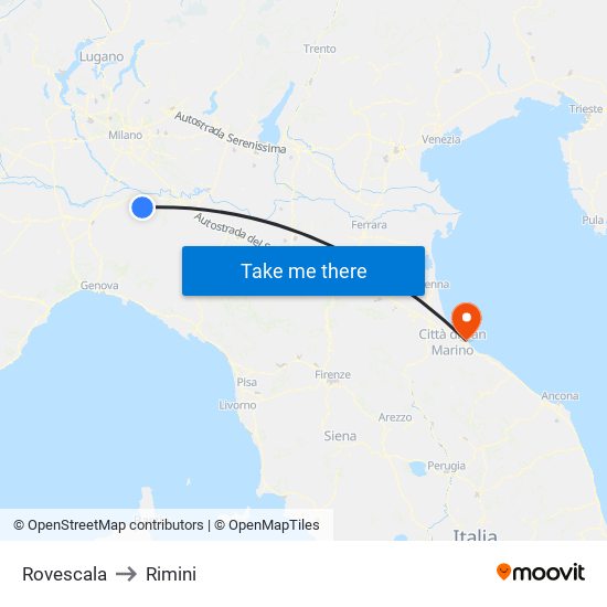 Rovescala to Rimini map