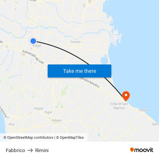Fabbrico to Rimini map