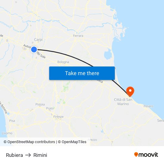 Rubiera to Rimini map