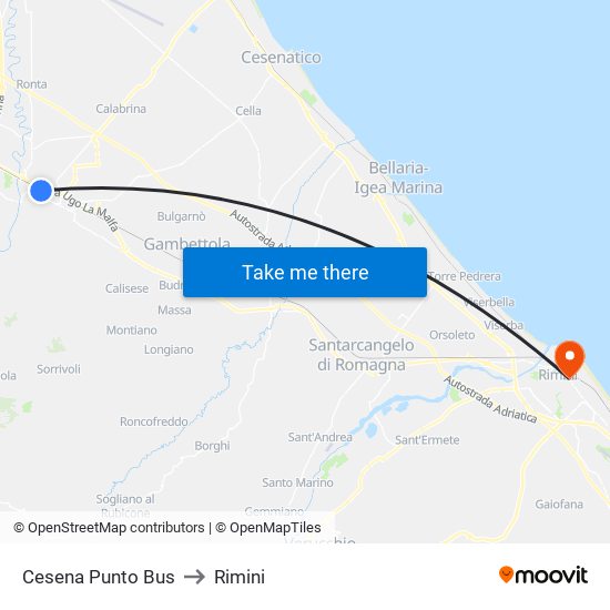 Cesena Punto Bus to Rimini map