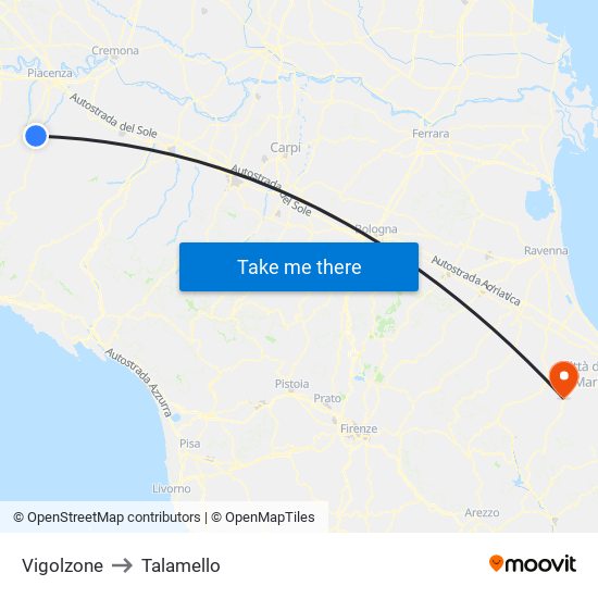 Vigolzone to Talamello map