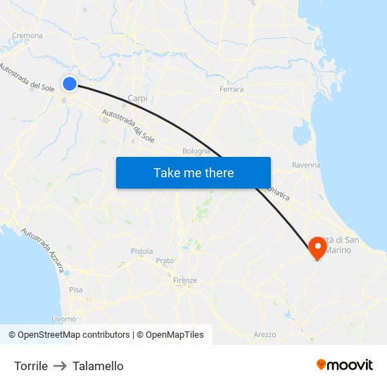 Torrile to Talamello map