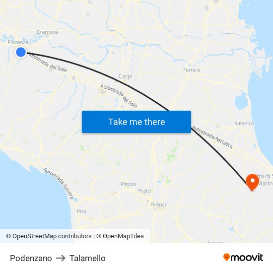Podenzano to Talamello map