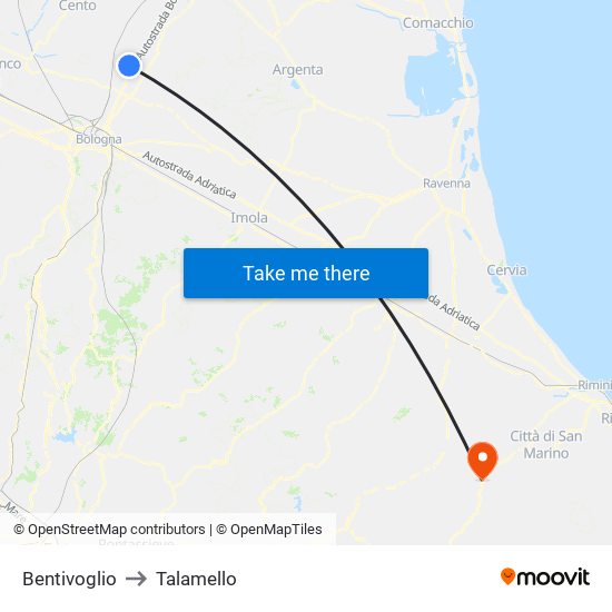 Bentivoglio to Talamello map