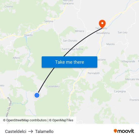 Casteldelci to Talamello map