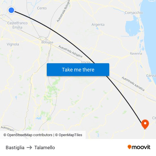 Bastiglia to Talamello map