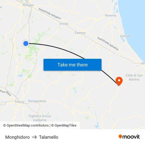 Monghidoro to Talamello map