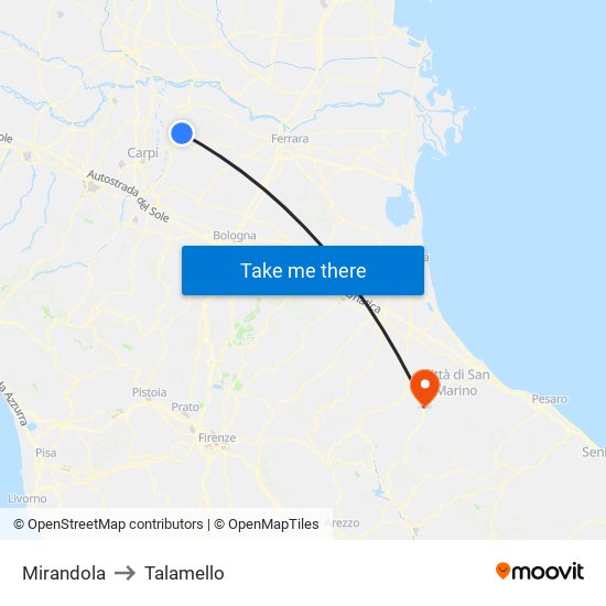 Mirandola to Talamello map