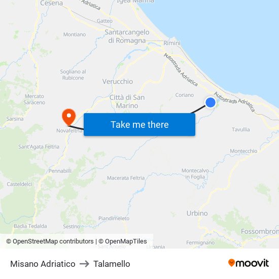 Misano Adriatico to Talamello map
