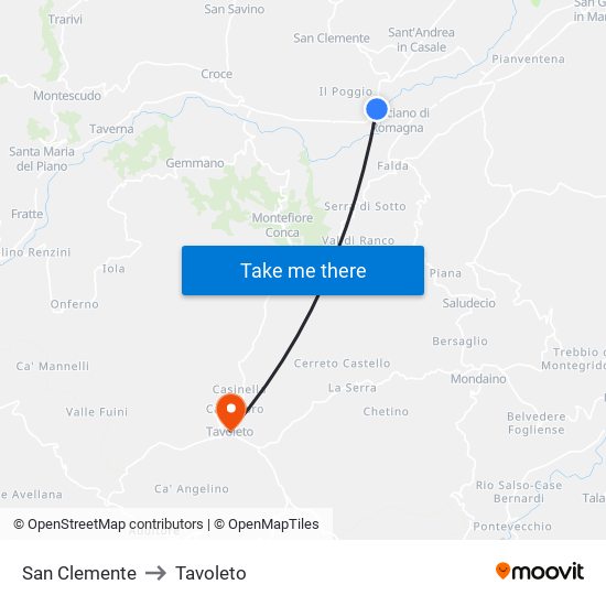 San Clemente to Tavoleto map