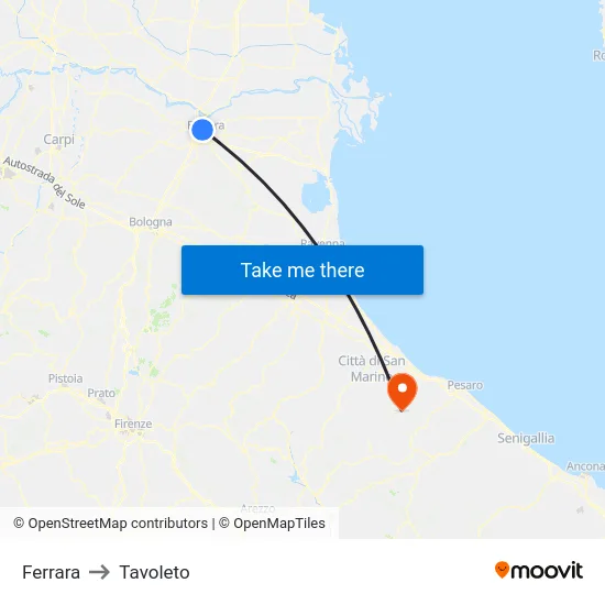 Ferrara to Tavoleto map