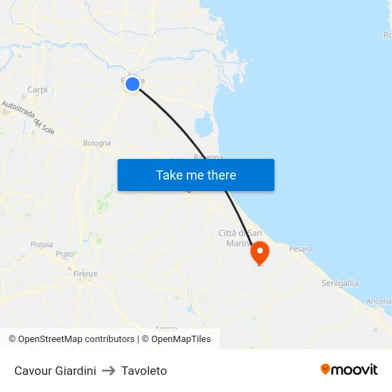 Cavour Giardini to Tavoleto map