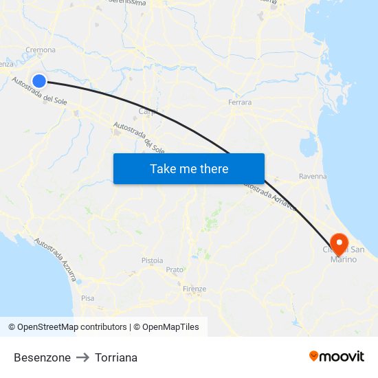 Besenzone to Torriana map