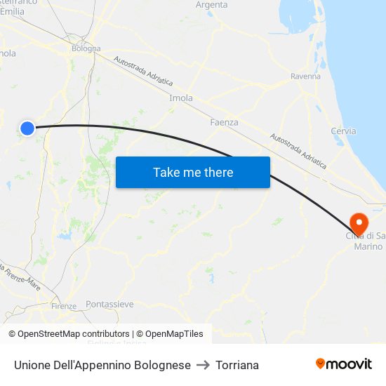 Unione Dell'Appennino Bolognese to Torriana map