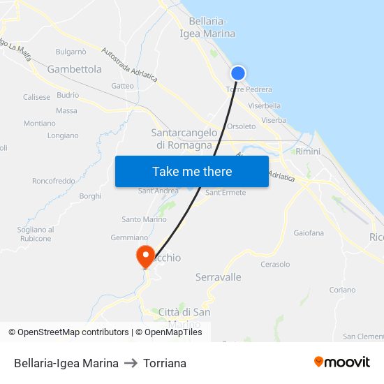 Bellaria-Igea Marina to Torriana map