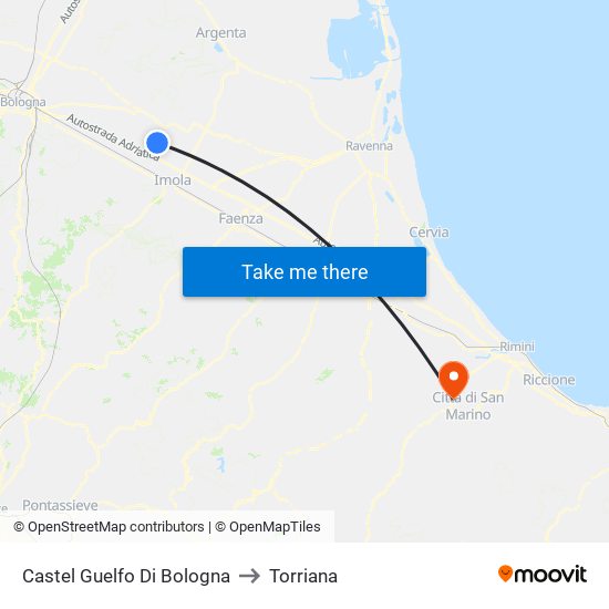 Castel Guelfo Di Bologna to Torriana map