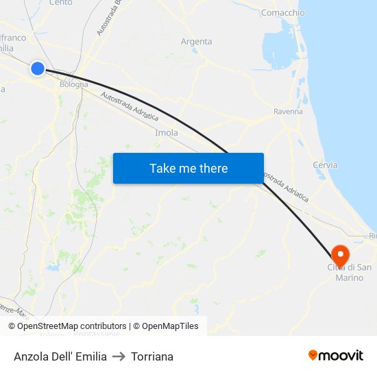 Anzola Dell' Emilia to Torriana map