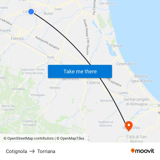 Cotignola to Torriana map