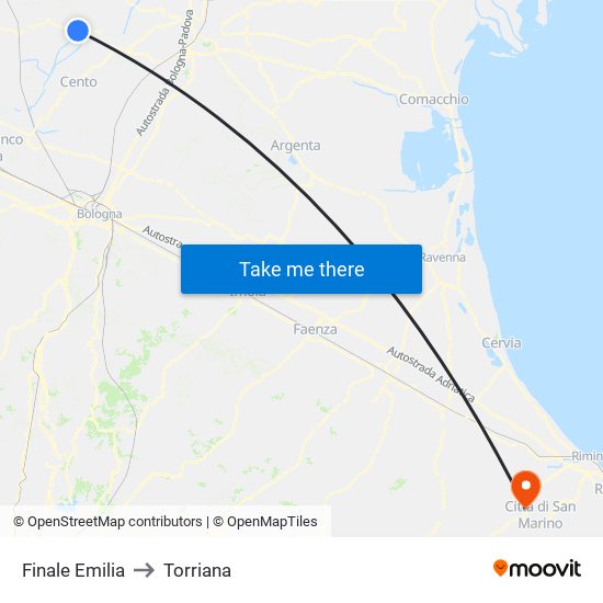 Finale Emilia to Torriana map