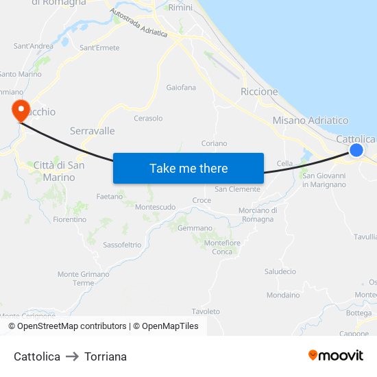 Cattolica to Torriana map