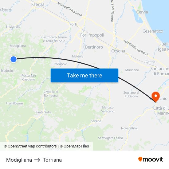 Modigliana to Torriana map