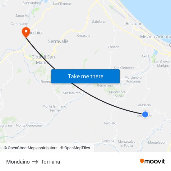 Mondaino to Torriana map