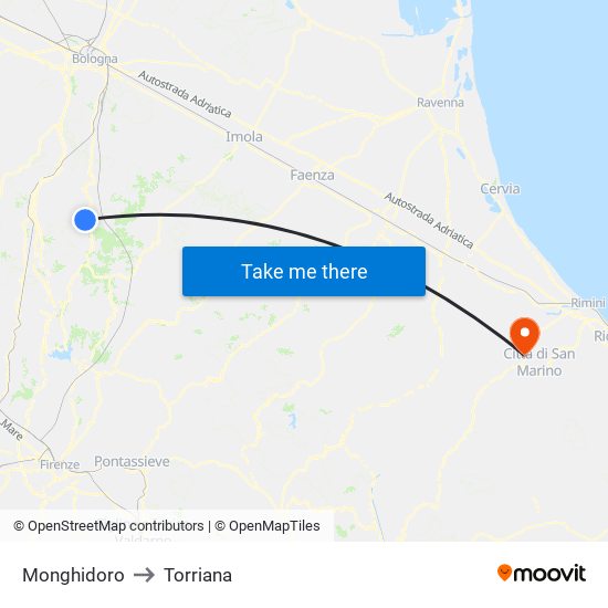 Monghidoro to Torriana map