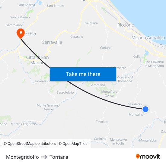 Montegridolfo to Torriana map