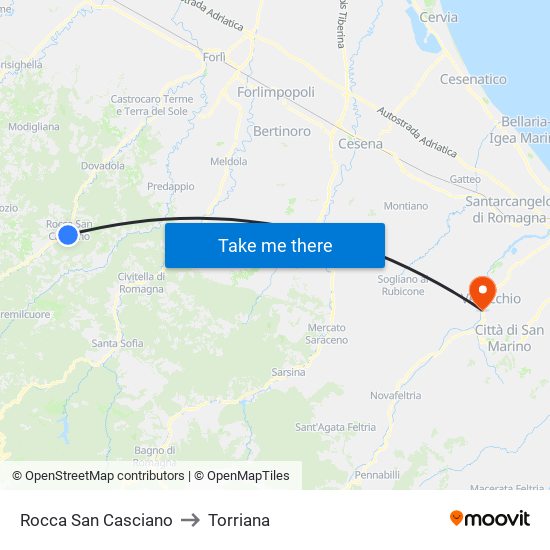 Rocca San Casciano to Torriana map