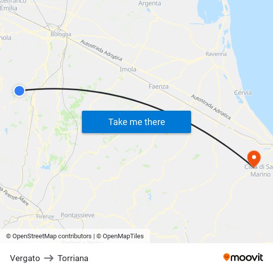 Vergato to Torriana map