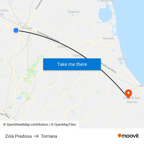 Zola Predosa to Torriana map