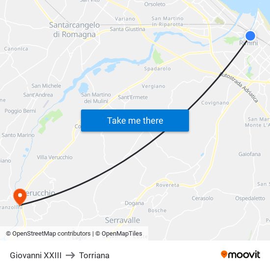 Giovanni XXIII to Torriana map