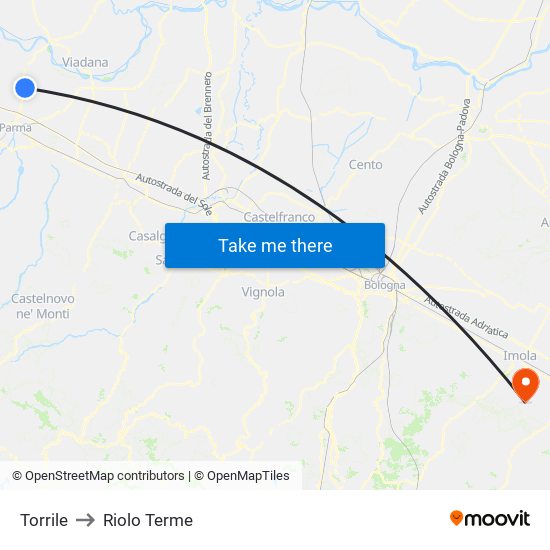 Torrile to Riolo Terme map