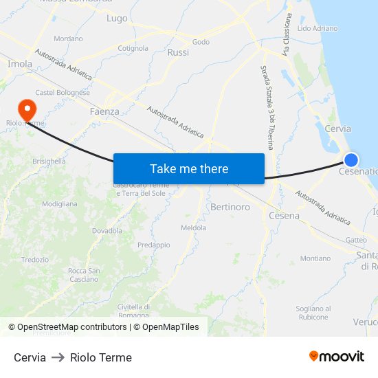Cervia to Riolo Terme map